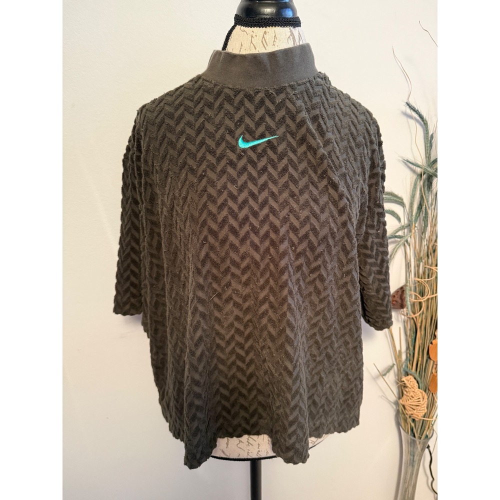 Nike‎ Textured Mock Neck Short Sleeve Top Womens XXL Olive Green Swoosh